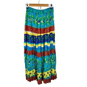 Vintage Artsy Maxi Skirt Medium Summer Colorful Resort Vacation Pleated Tropical